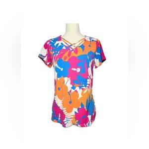 Caribbean Joe Floral Top Women M Orange Pink Blue Tropical Resort Casual